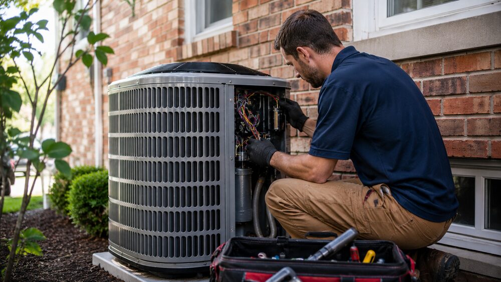 Technician servicing an outdoor air conditioner beside a brick home