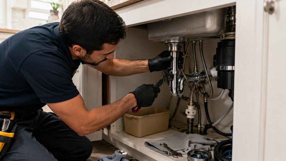 Plumber tightening an under-sink pipe fitting in a clean kitchen cabinet